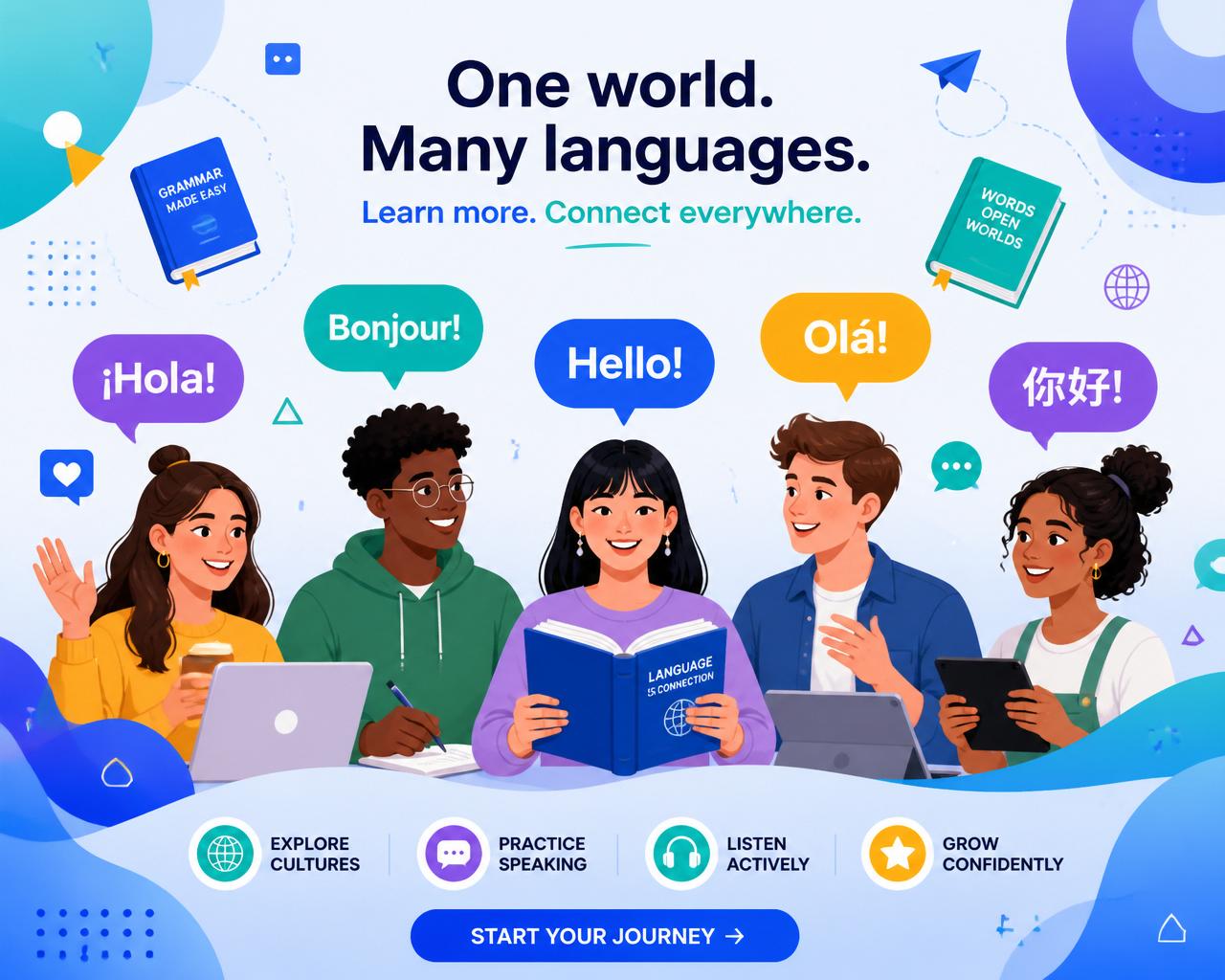 Ilustração de alunos a aprender diferentes idiomas com a Destrava+